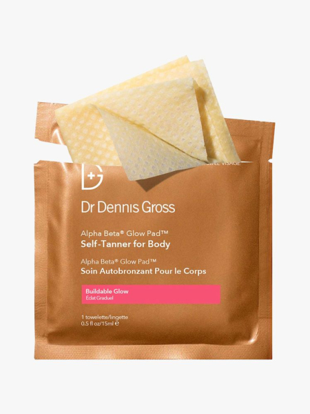 Dr. Dennis Gross Skincare Alpha Beta Glow Pad Self-Tanner for Face in branded component on a light gray background