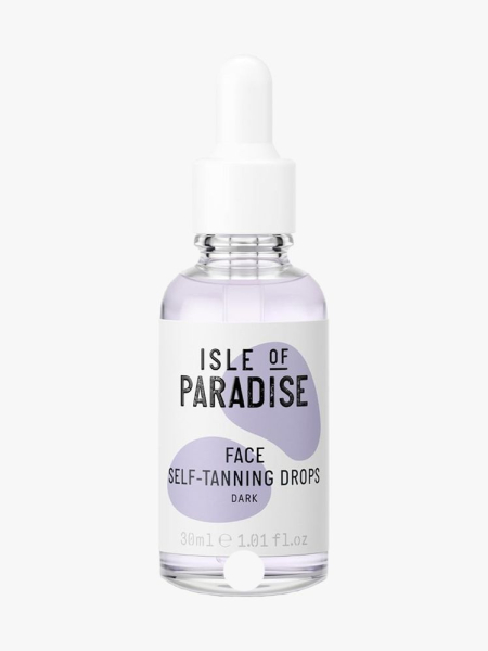 Isle of Paradise Face Self-Tanning Glow Drops purple and white dropper bottle on light gray background
